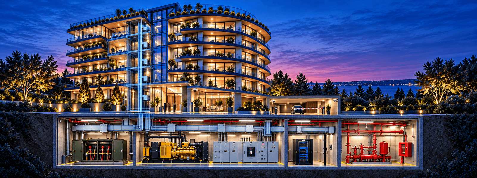 Edificio Montview+ al anochecer