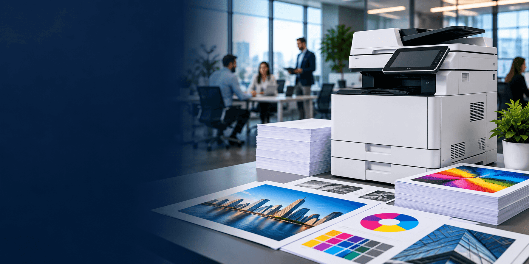 Equipo multifunción en una oficina con impresiones a color