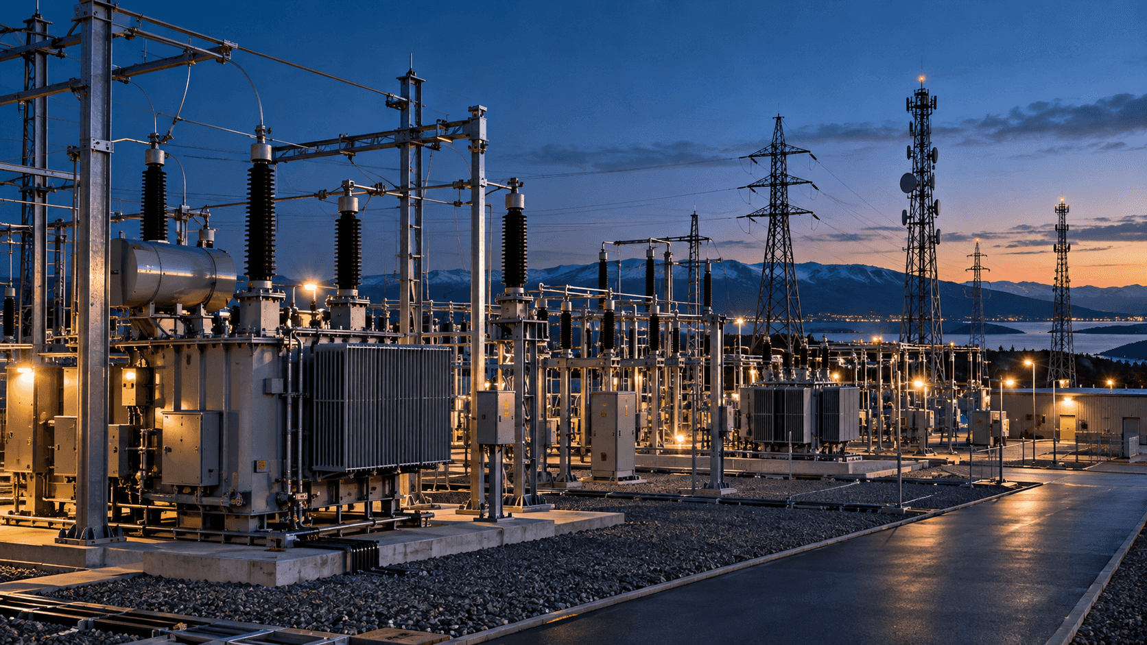 Subestación eléctrica al anochecer