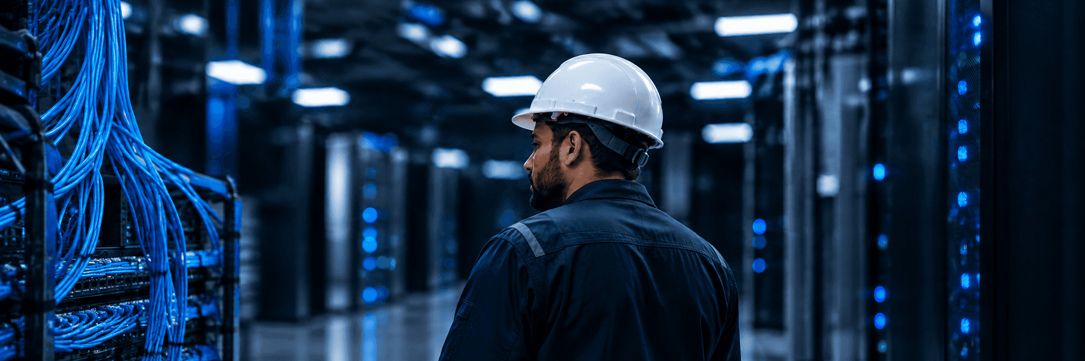 Técnico revisando cableado en un data center